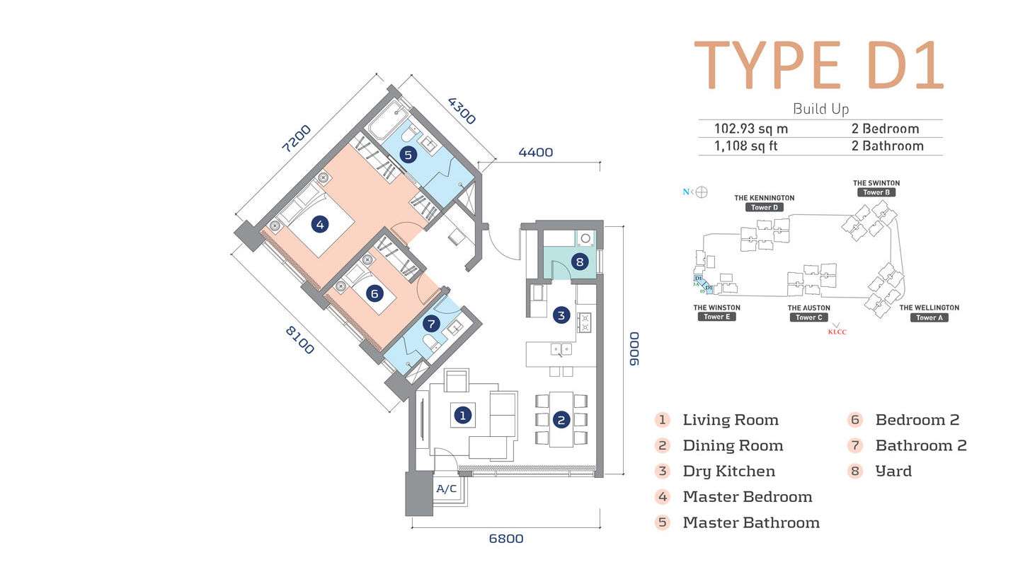 Cappella Embassy Type D1 floor plan — 1,108 sq ft, 2+1 bedroom